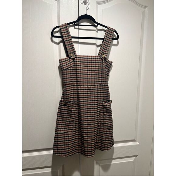 Mango Brown checkered button pinafore Mini dress size XS - Picture 4 of 6